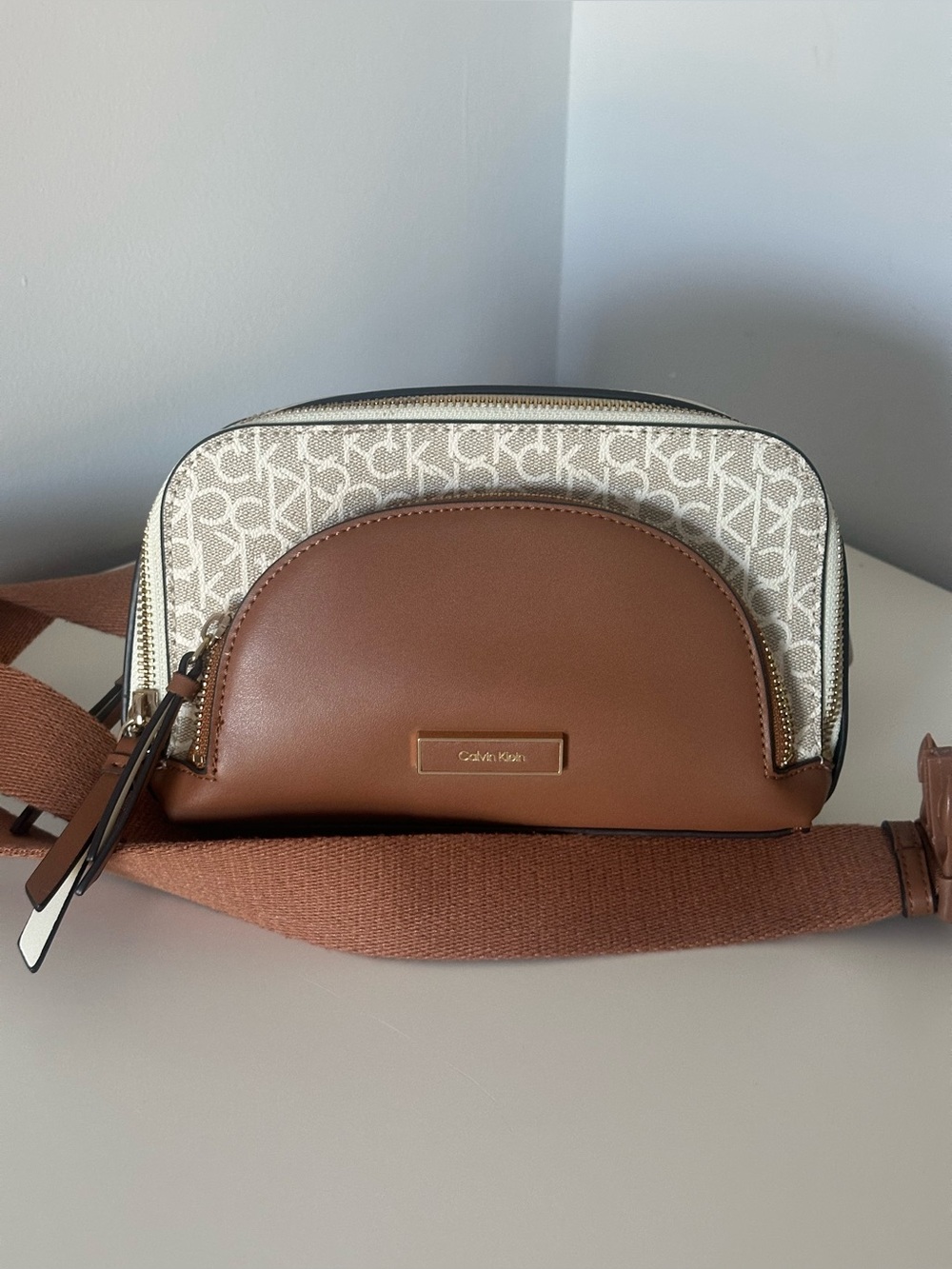 Calvin Klein Brown and Beige Logo Crossbody like new